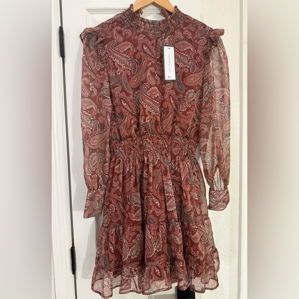 NWT-Goodnight Macaroon Red Paisley Long Sleeve Dress